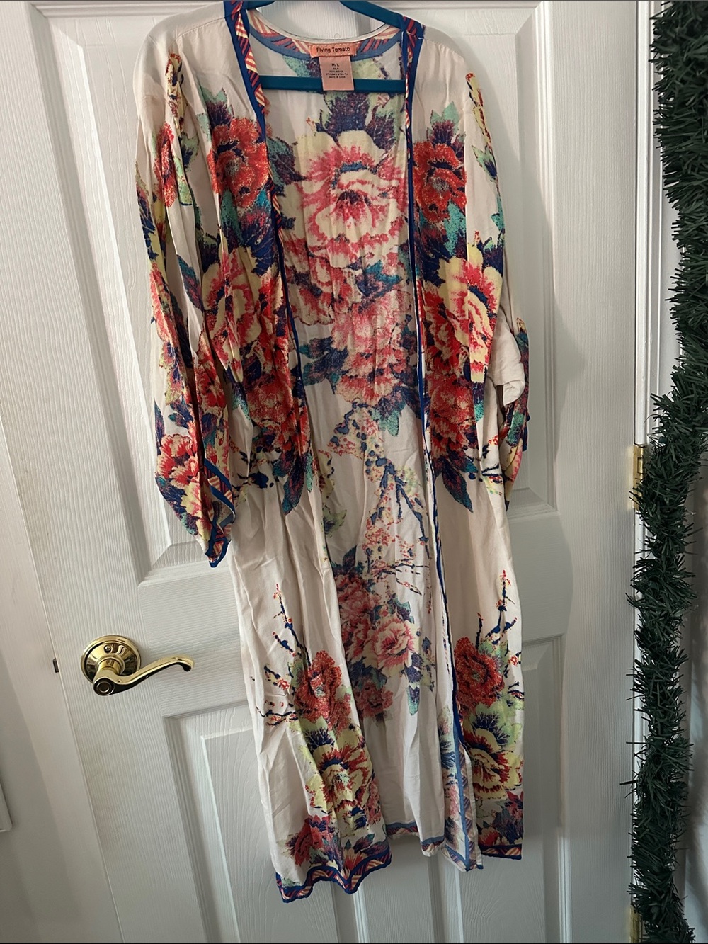 Flying Tomato Cream Floral Kimono with Red and Blue Blooms
